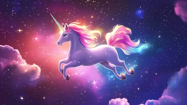 Magical unicorn flying through a starry sky.