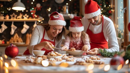 Young family with a kid is enjoying some quality time together wearing santa hats while baking and decorating christmas cookies in their cozy kitchen on a New Year background at home