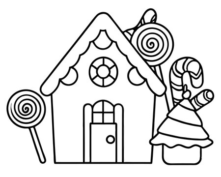 recommend clip art: Christmas gingerbread house sweets lollipops outline coloring book page line art drawing