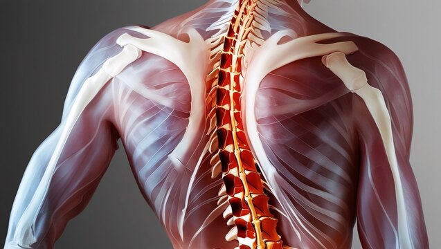 A surface anatomy of the back, highlighting the muscles and spine under taut, translucent skin
