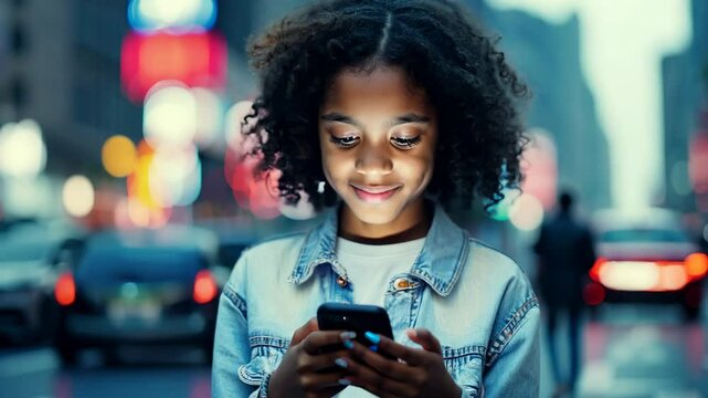Teenage girl with a smartphone in the middle of the street. Children's addiction to smartphones and the Internet. A teenage girl lost in her smartphone, oblivious to the bustling street.