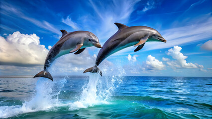 Two dolphins gracefully leaping out of the water, dolphins, marine life, animals, wildlife, ocean, jumping, mammals