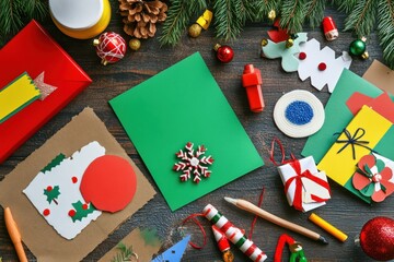 Christmas card making with colorful craft supplies and festive decorations