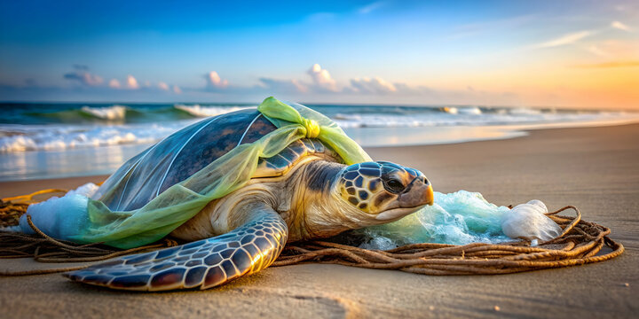 Turtle tangled in plastic bags and ropes washed up on beach