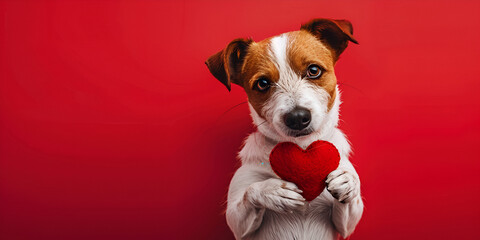 Dog Holding Heart on Red Background