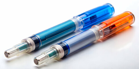 Close up of two insulin pens for diabetes type one treatment, insulin pen, medical, diabetes, type one