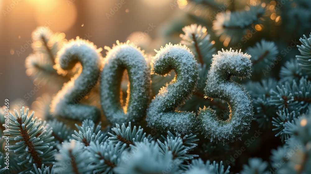 Poster Pine branches adorned with frost form the numbers 2025, illuminated by warm sunset light, creating a serene winter atmosphere in the forest.