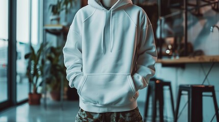 Fototapeta premium Casual outfit featuring a white hoodie in a modern setting.