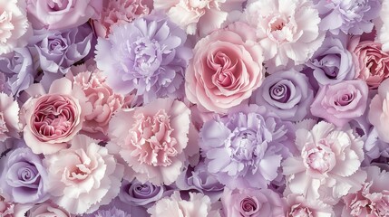 Beautiful Floral Arrangement. Lilac, Pink, White Roses and Carnations Wall Background.
