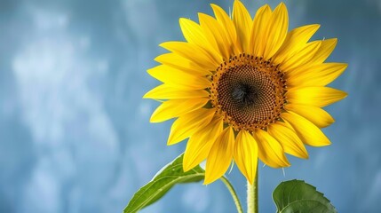 Obraz premium Single Bright Yellow Sunflower with Green Leaves on a Soft, Out-of-Focus Blue Background