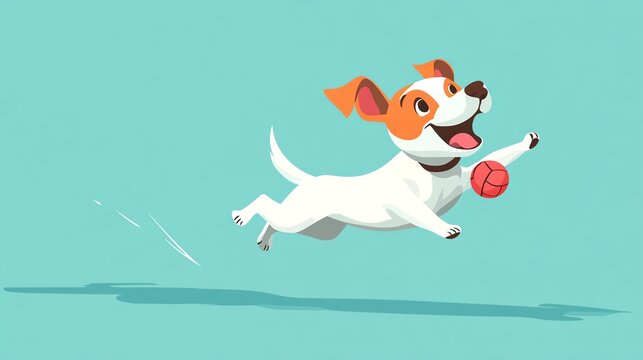 Fototapeta A happy cartoon dog leaps through the air with a red ball in its mouth.