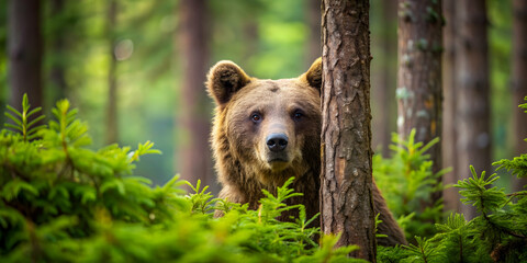 Brown bear peeking out from behind trees in the forest, brown bear, wildlife, nature, forest, hidden, curious, mammal