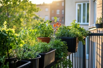 balcony garden, urban gardening, home plants, green herbs, natural decor, outdoor space, relaxation area, city lifestyle, fresh vegetables, container gardening, sunset, greenery