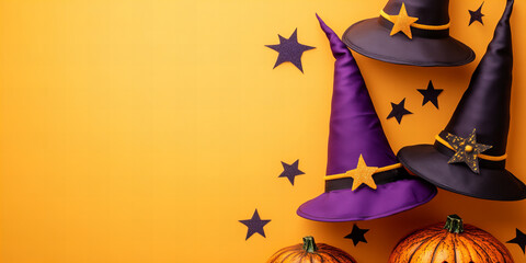 Bright Halloween Background with Pumpkins and Decorations, Perfect for Festive Design and Seasonal Celebrations Copy Space Flat Lay