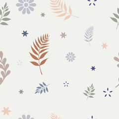 Neutral minimalist Seamless pattern with leaves and flowers.