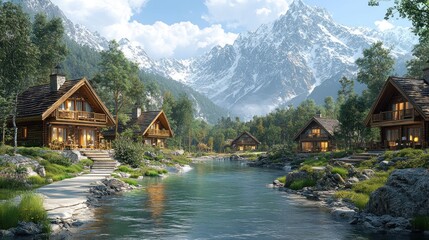 Naklejka premium Scenic mountain village with cabins by a serene river.