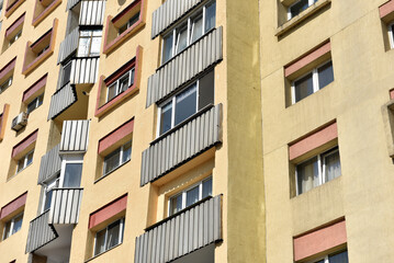 Flat of blocks from Communist period, worn out concrete buildings in Eastern Europe