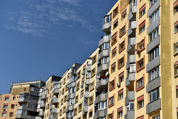Worn out apartment building from the communist era. Traditional communist housing ensemble