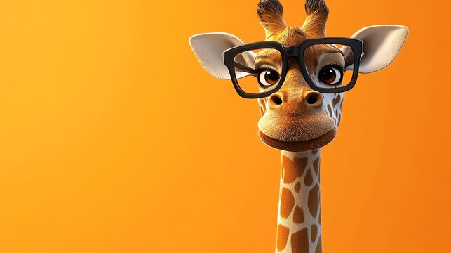 A cartoon giraffe wearing glasses looks at the camera with a friendly smile on an orange background.