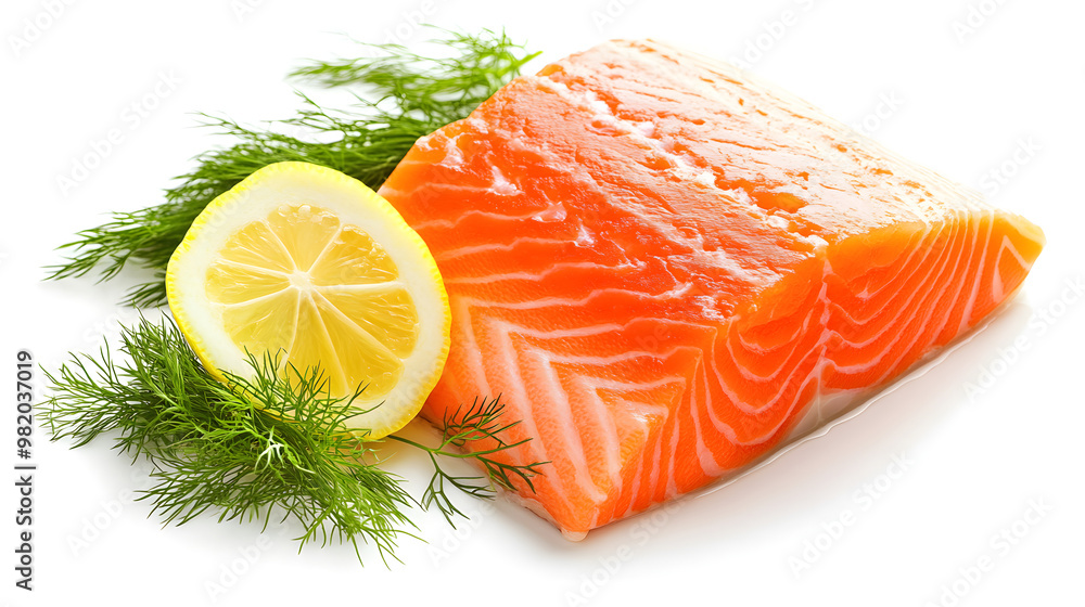 Poster raw salmon fillet with a slice of lemon and sprigs of dill