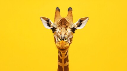 A giraffe's head and neck in front of a bright yellow background.