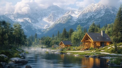 Fototapeta premium Serene mountain landscape with cabins by a tranquil river.