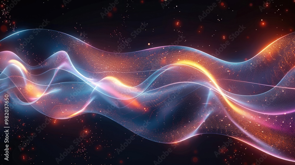 Poster abstract background with colorful glowing waving lines on a dark background, futuristic design conce