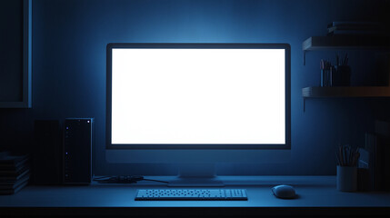 Computer desk with a blank screen, computer screen display