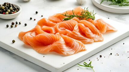 Thin slices of smoked salmon on a white cutting board