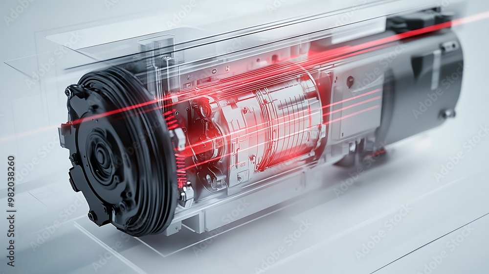 Poster a close-up view of a car engine component with red laser beams highlighting specific areas.