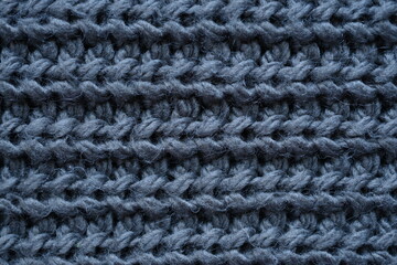 macro texture of woolen dark gray crocheted sweater as background, close-up of gray crocheted front surface, woolen texture of woolen wool, knitted front surface