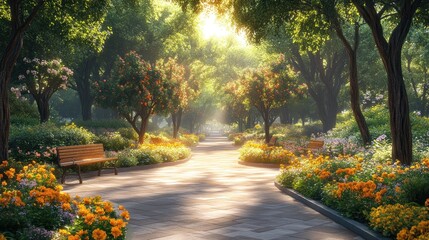 Fototapeta premium Serene garden path with vibrant flowers and sunlight filtering through trees.