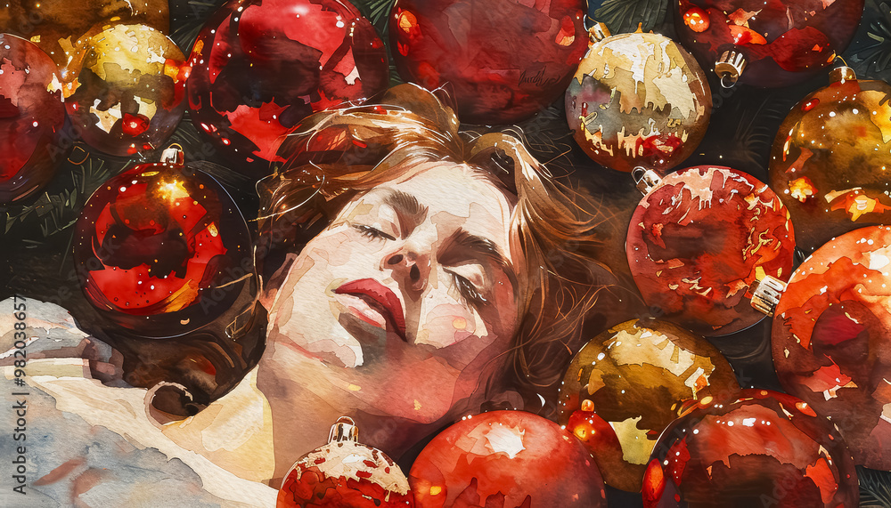 Canvas Prints A woman is laying in a bed of red and gold Christmas ornaments