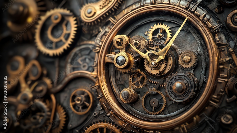 Poster close up of intricate clockwork with gears and hands.