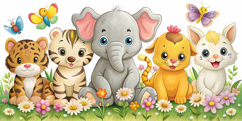 Naklejka premium Cute nursery art featuring animals like elephant, duck, cat, dog, tiger, and flower power design, nursery art, animals, elephant
