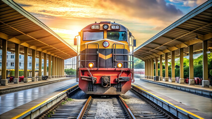 Obraz premium Head locomotive side view of the station platform and commuter train in the parking lot, Train, locomotive
