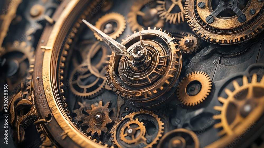 Poster a close-up of the intricate inner workings of a clock, showcasing the intricate gears and mechanisms