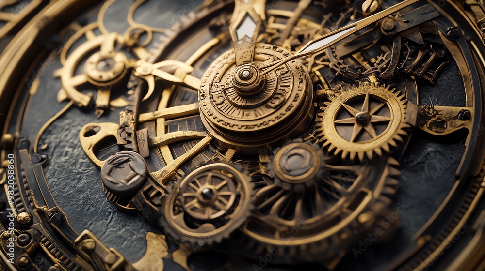 Poster a close up image of a clock's intricate and ornate inner workings.