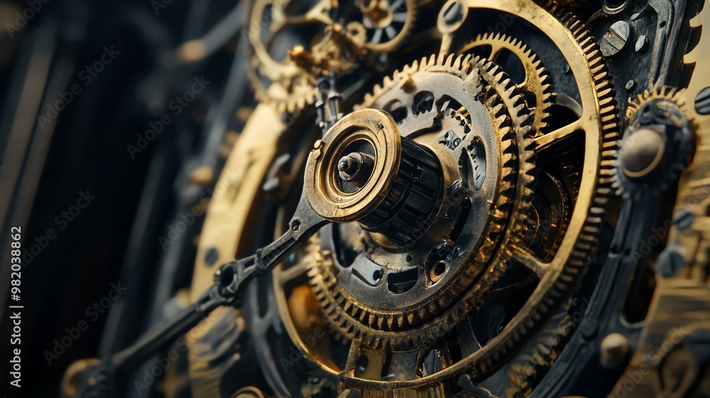Poster close-up shot of a complex clockwork mechanism with intricate gears.