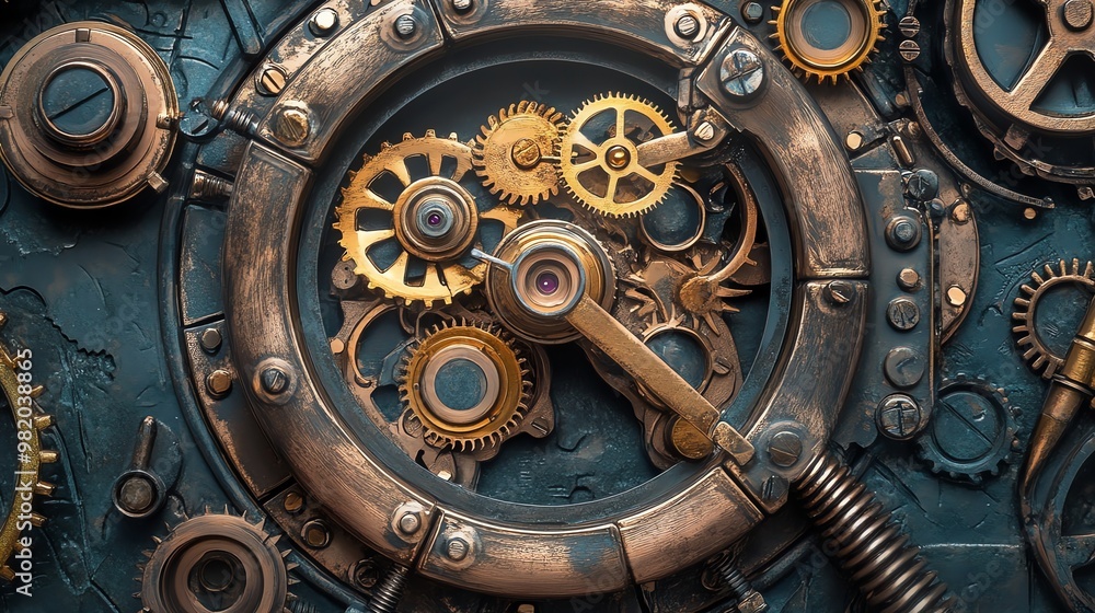 Poster a close-up image of a steampunk-style clockwork with intricate gears and mechanisms.