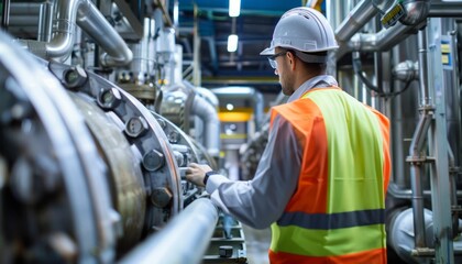 Industrial worker inspecting machinery in a factory