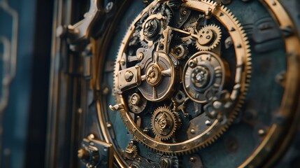 Close up of intricate clockwork with gold gears and metal components.