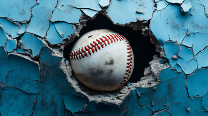 A baseball has broken through a cracked on the wall leaving a hole and debris