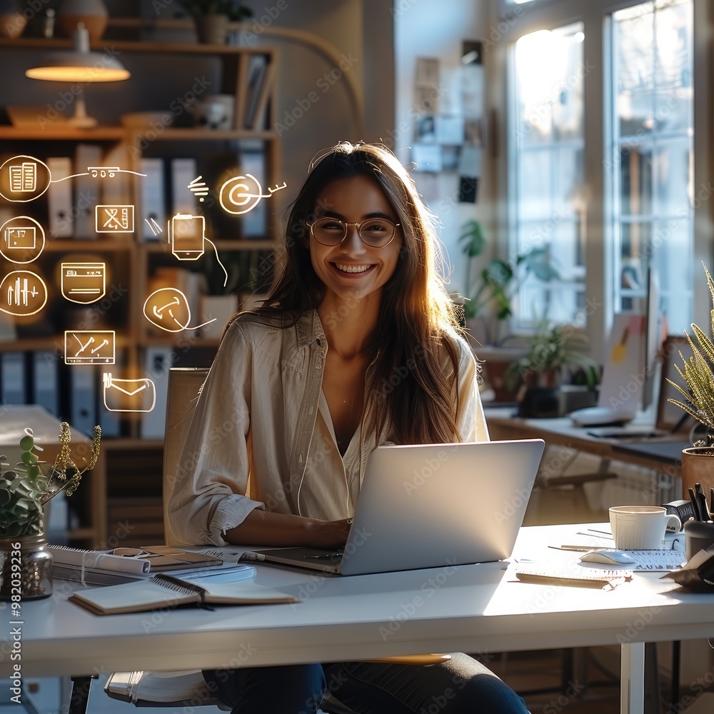 Aufkleber woman, a relaxed and comfortable office environment with a person at their desk, smiling and enjoyin