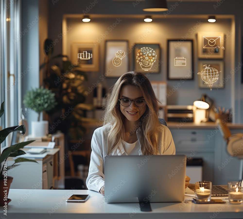 Poster woman, a relaxed and comfortable office environment with a person at their desk, smiling and enjoyin