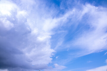 Clouds against the blue sky close-up. Changes in weather during the rainy season. Thunderclouds,...