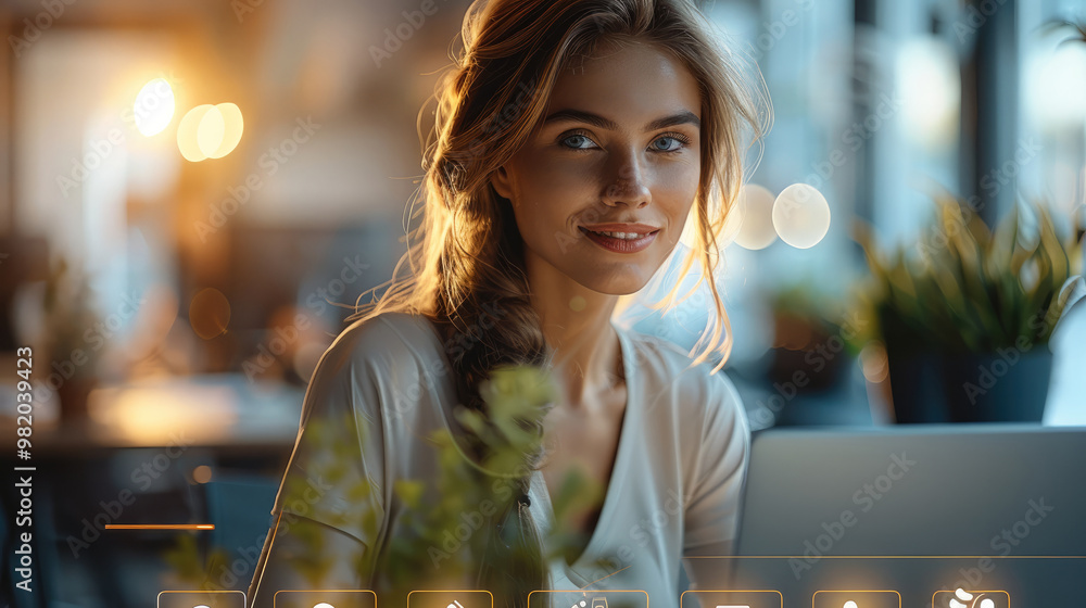 Leinwandbilder woman, a relaxed and comfortable office environment with a person at their desk, smiling and enjoyin