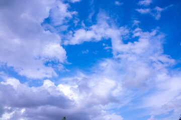 Clouds against the blue sky close-up. Changes in weather during the rainy season. Thunderclouds,...