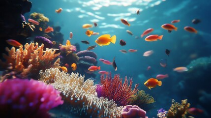 Naklejka premium Colorful fish swim over vibrant coral reefs in a tropical underwater scene.