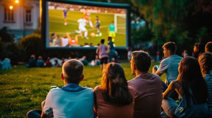 People watching a football match on a projector screen in a community park